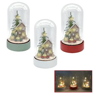 CAMPANA IN VETRO CON PAESAGGIO NATALIZIO CON LED IN COLORE ASSORTITO 11X21 CM