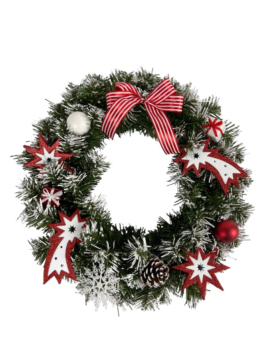 RED & WHITE GHIRLANDA DIETROPORTA DIAMETRO 40 CM CON FIOCCHI E DECORAZIONI OKX