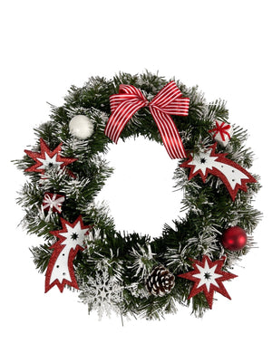 RED & WHITE GHIRLANDA DIETROPORTA DIAMETRO 40 CM CON FIOCCHI E DECORAZIONI OKX