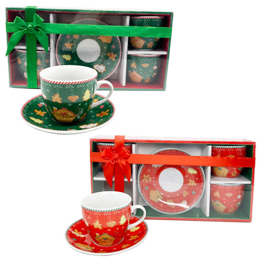 MA MAISON SET 4 TAZZE 210 CC CON PIATTINO STILE COOKIES ROSSE E VERDI IDEA REGALO
