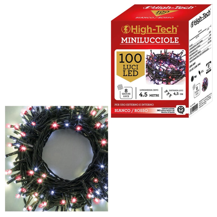 HIGH-TECH FILO A BATTERIA CON 100 LED BIANCO E ROSSO DA 4,5 METRI