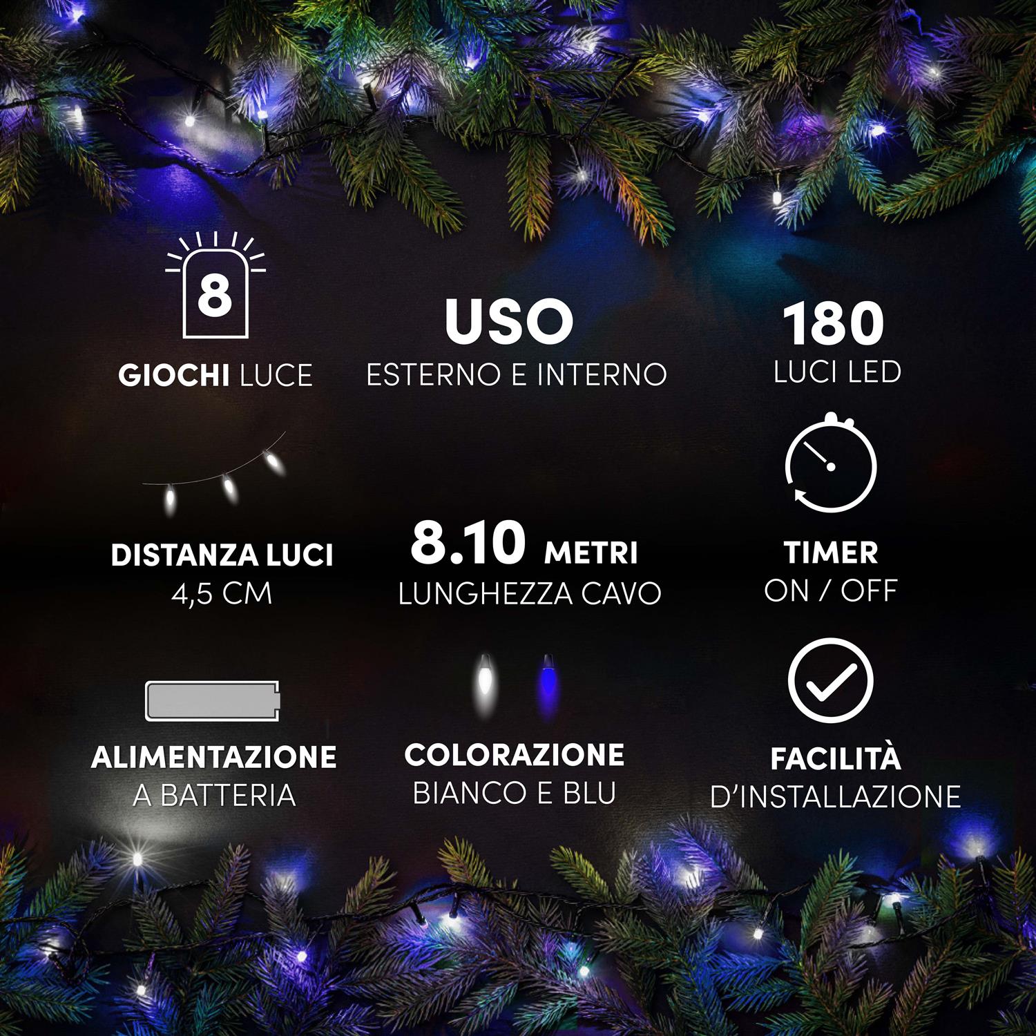 HIGH-TECH FILO LED 180 LUCI MINILUCCIOLE BIANCO/BLU CON 8 GIOCHI DI LUCE LUNGHEZZA 8.10 MT USO INTERNO E ESTERNO