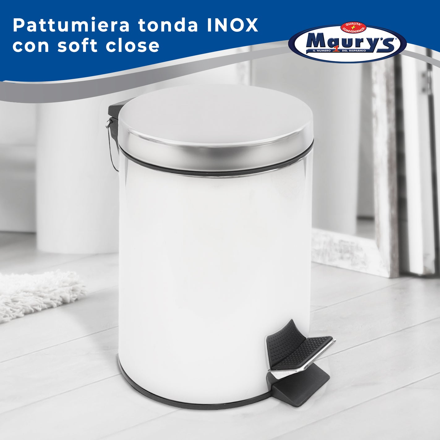 MAURY'S PATTUMIERA INOX TONDA A PEDALE CON TECNOLOGIA SOFT CLOSE 5 LITRI