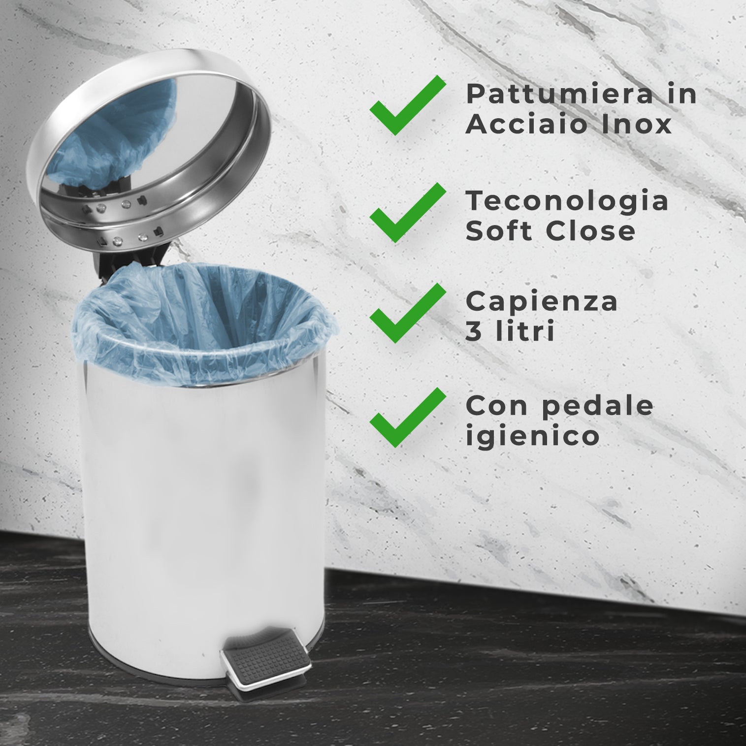 MAURY'S PATTUMIERA INOX TONDA A PEDALE CON TECNOLOGIA SOFT CLOSE 5 LITRI