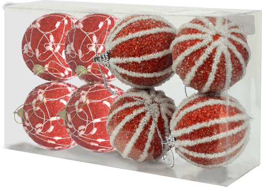 BOX DA 8 SFERE LUX DA 8 CM IN DECORO ROSSO E BIANCO