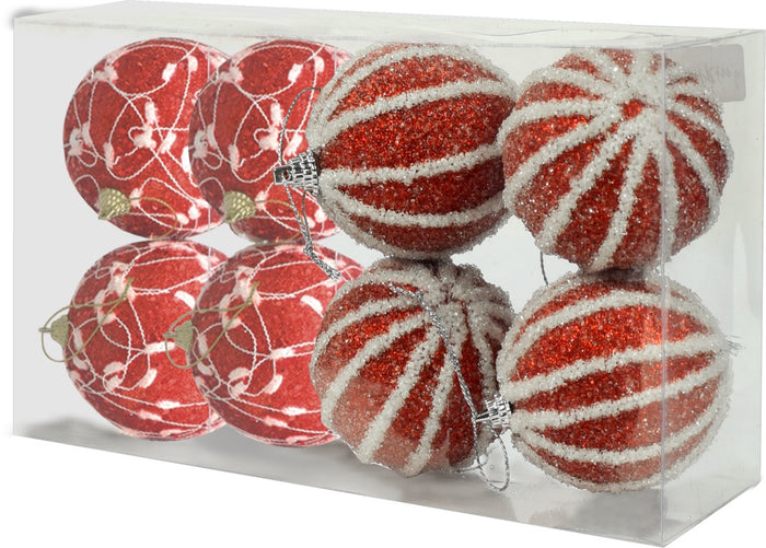 BOX DA 8 SFERE LUX DA 8 CM IN DECORO ROSSO E BIANCO