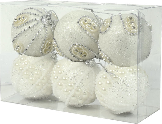 MAURY'S BOX 6 SFERE LUX  DA 10CM IN COLORE BIANCO CON DECORI SILVER