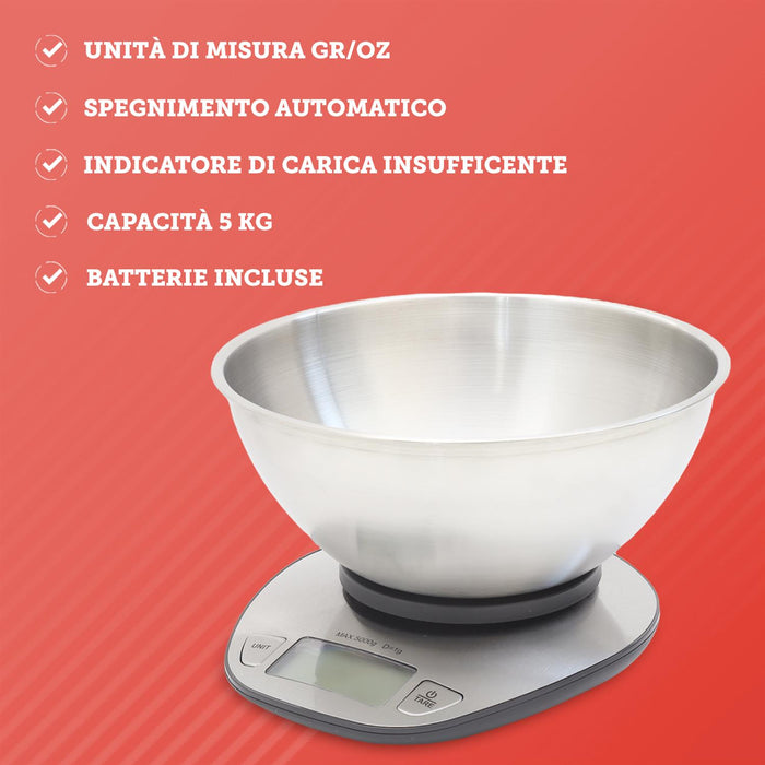 HIGH-TECH BILANCIA DIGITALE IN ACCIAIO INOX CON CIOTOLA PORTATA MASSIMA 5 KG