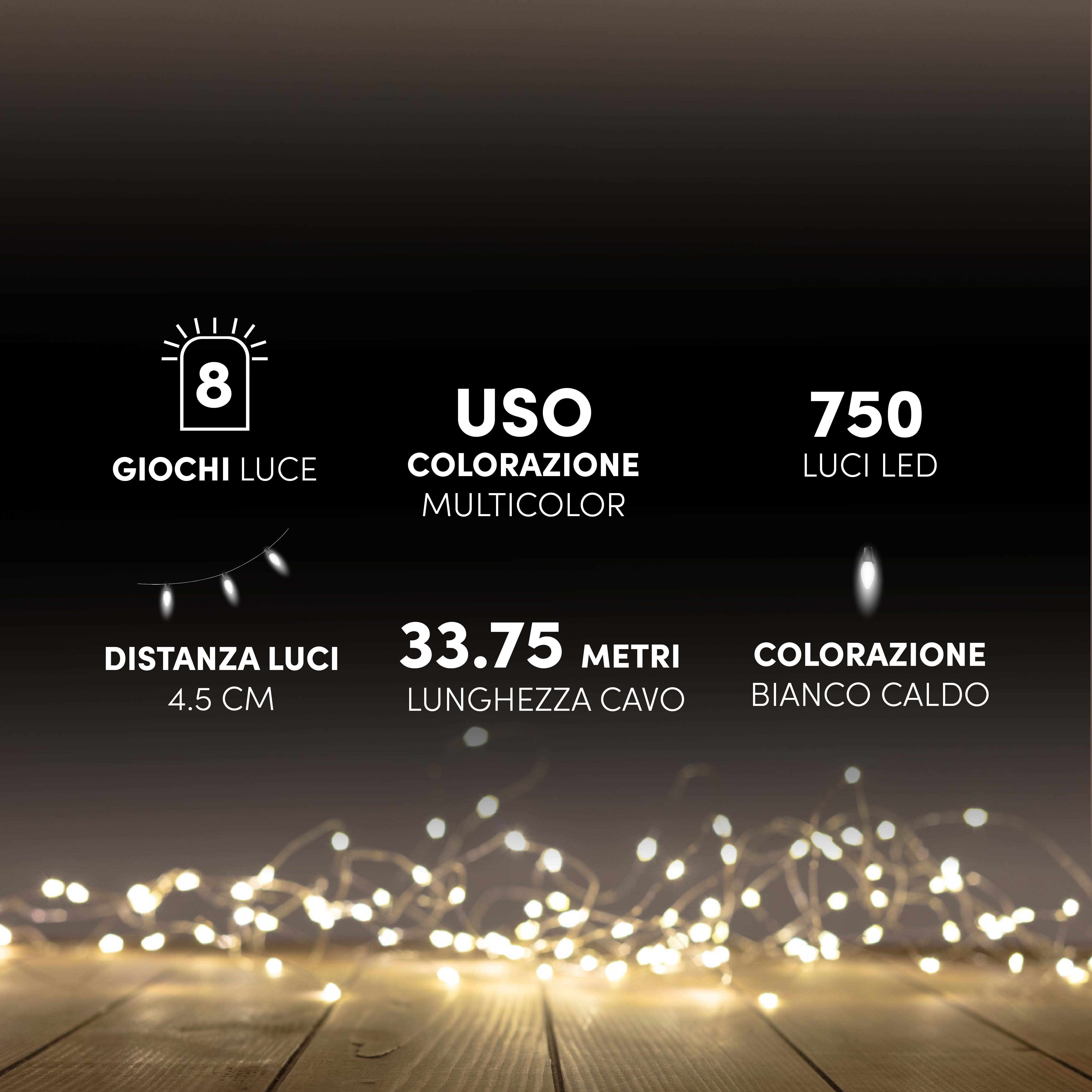 HIGH-TECH BOX MINILUCCIOLE CON FILO TRASPARENTE 750 LED BIANCO CALDO USO INTERNO ED ESTERNO