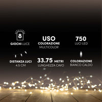 HIGH-TECH BOX MINILUCCIOLE CON FILO TRASPARENTE 750 LED BIANCO CALDO USO INTERNO ED ESTERNO