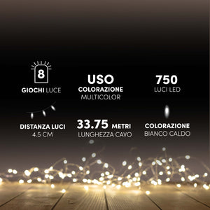 HIGH-TECH BOX MINILUCCIOLE CON FILO TRASPARENTE 750 LED BIANCO CALDO USO INTERNO ED ESTERNO