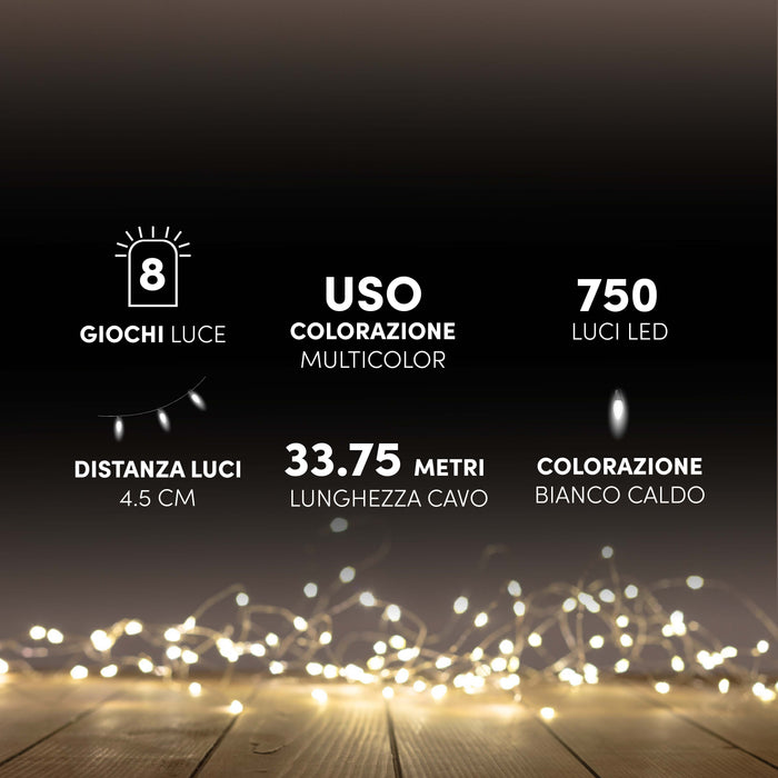 HIGH-TECH BOX MINILUCCIOLE CON FILO TRASPARENTE 750 LED BIANCO CALDO USO INTERNO ED ESTERNO