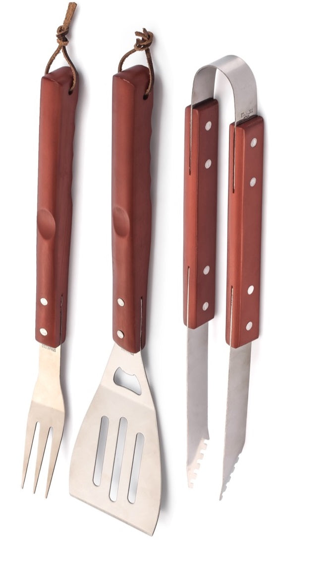 MAURY'S GRILL SET DA 3 UTENSILI PER BARBECUE CON MANICO IN LEGNO 44 CM OKKS