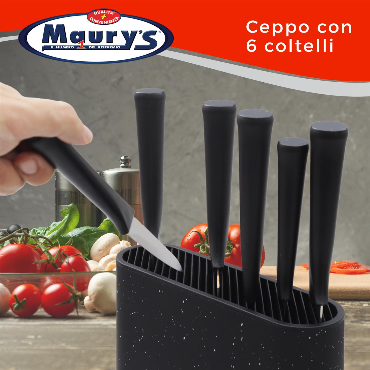MAURY'S CEPPO CON 6 COLTELLI SMART DA CUCINA IN COLORE NERO