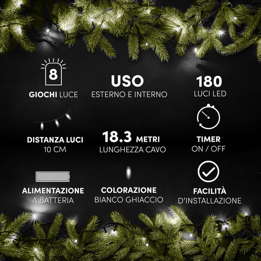 HIGH TECH FILO DI LUCI  A BATTERIA CON 180 LED COLORE GHIACCIO 18.3 METRI