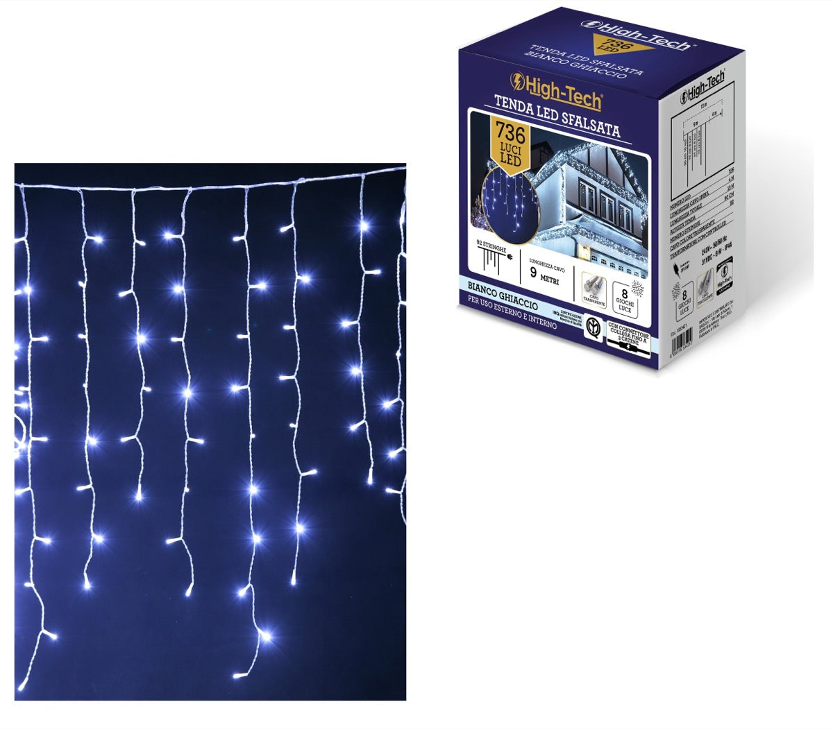 HIGH-TECH TENDA A CADUTA SFALSATA CON 736 LUCI LED IN COLORE BIANCO GHIACCIO