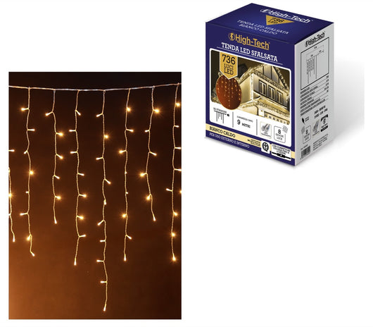 HIGH-TECH TENDA A CADUTA SFALSATA CON 736 LUCI LED IN COLORE BIANCO CALDO