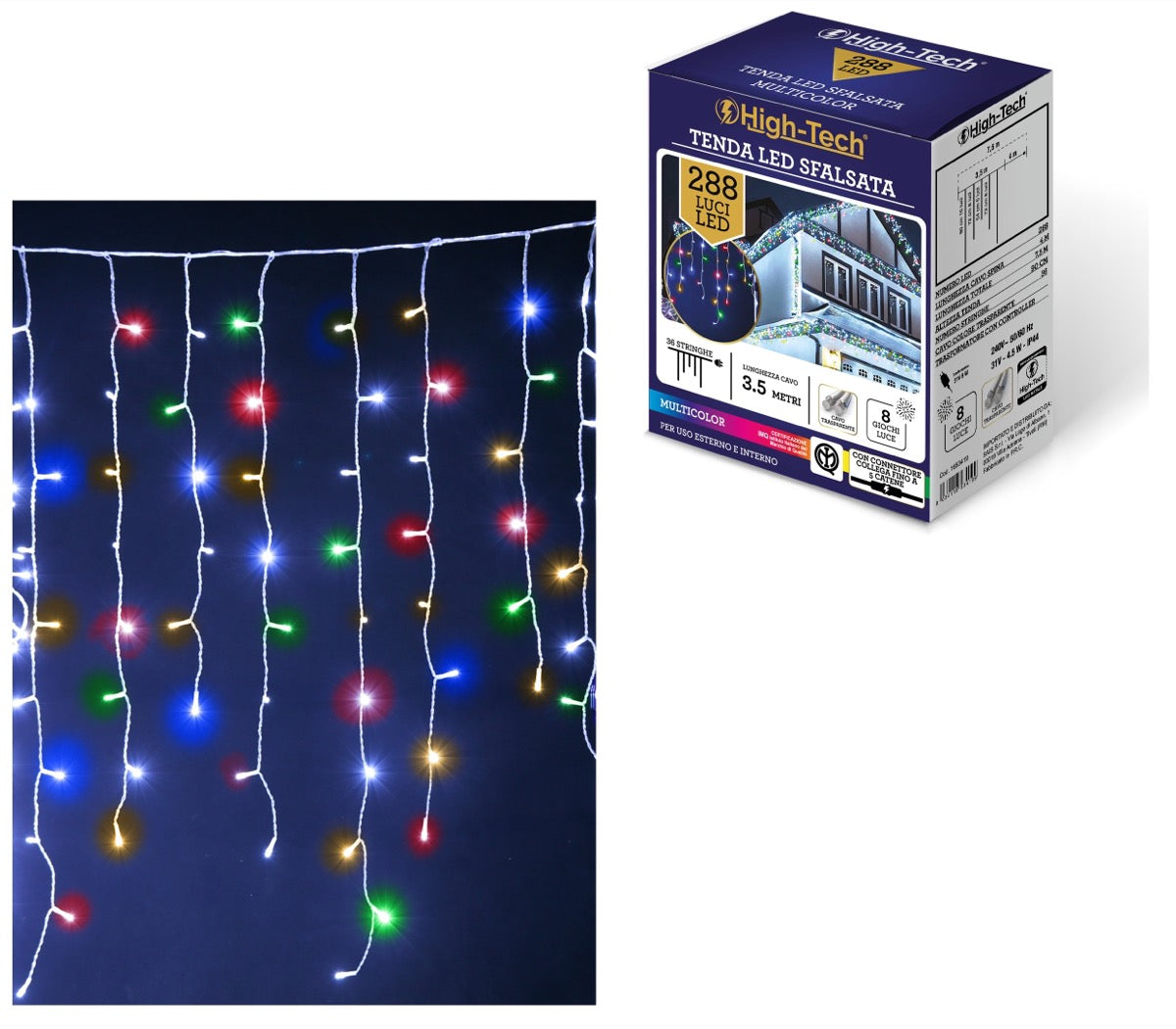 HIGH-TECH TENDA A CADUTA SFALSATA CON 288 LUCI LED MULTICOLOR
