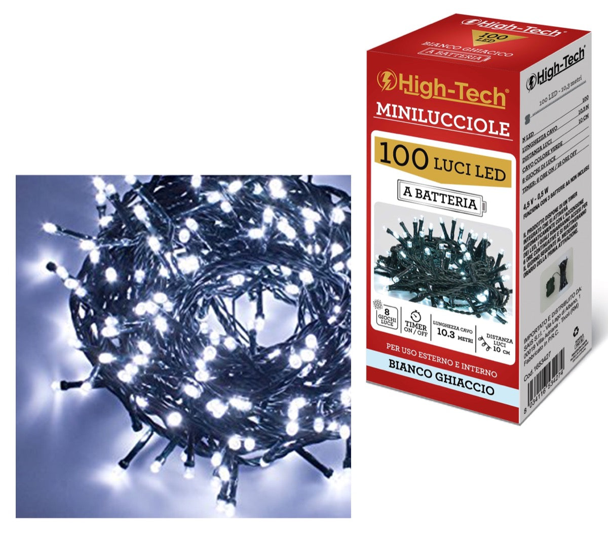 HIGH-TECH FILO A BATTERIA CON 100 LUCI LED GHIACCIO LUNGHEZZA 10,3 MT
