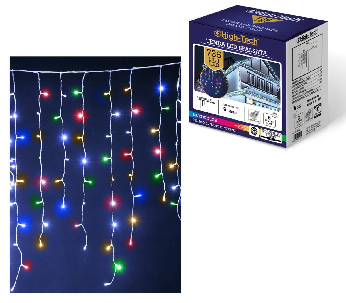 HIGH-TECH TENDA A CADUTA SFALSATA CON 736 LUCI LED MULTICOLOR