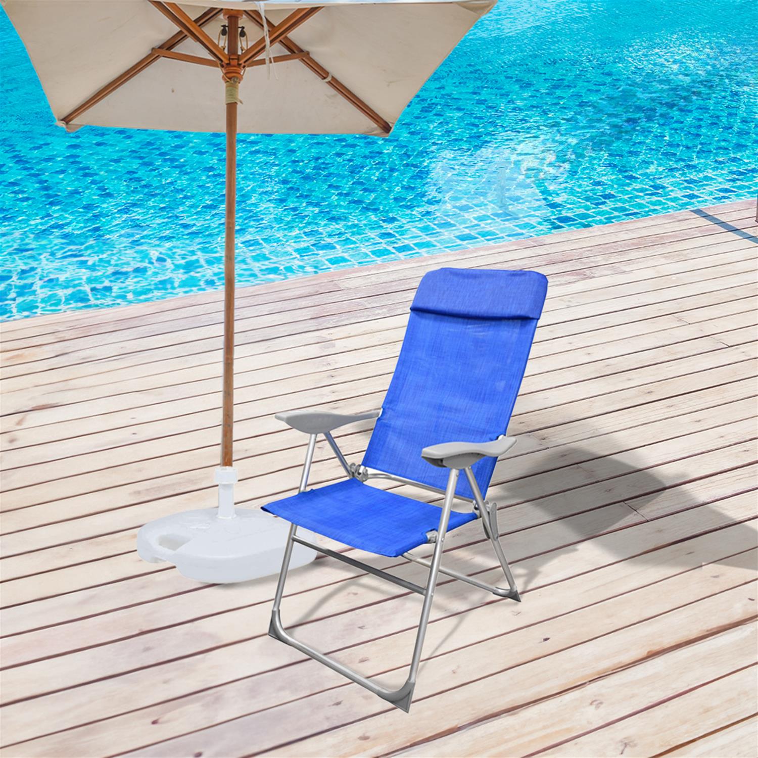 SEDIA RELAX ALTA 8 POSIZIONI IN ALLUMINIO H111X107X57CM CON BRACCIOLI E SEDUTA IN TESSUTO BLU