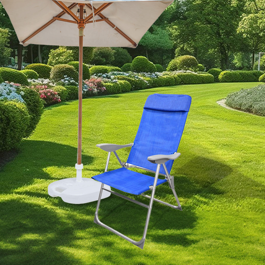 SEDIA RELAX ALTA 8 POSIZIONI IN ALLUMINIO H111X107X57CM CON BRACCIOLI E SEDUTA IN TESSUTO BLU