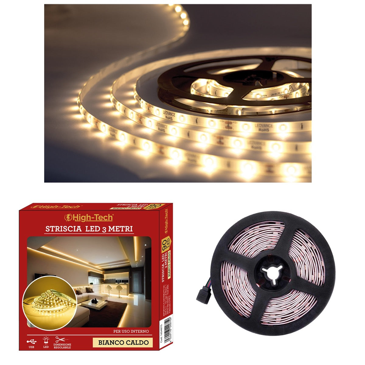 HIGH-TECH STRISCIA DA 90 LED IN COLORE BIANCO CALDO ROTOLO 3 MT