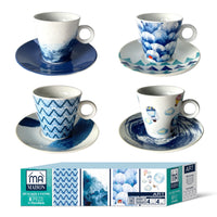 MAURY'S SET DI 4 TAZZE PER THE LINEA ART CON PIATTINO BIANCHE E BLU 80 CC
