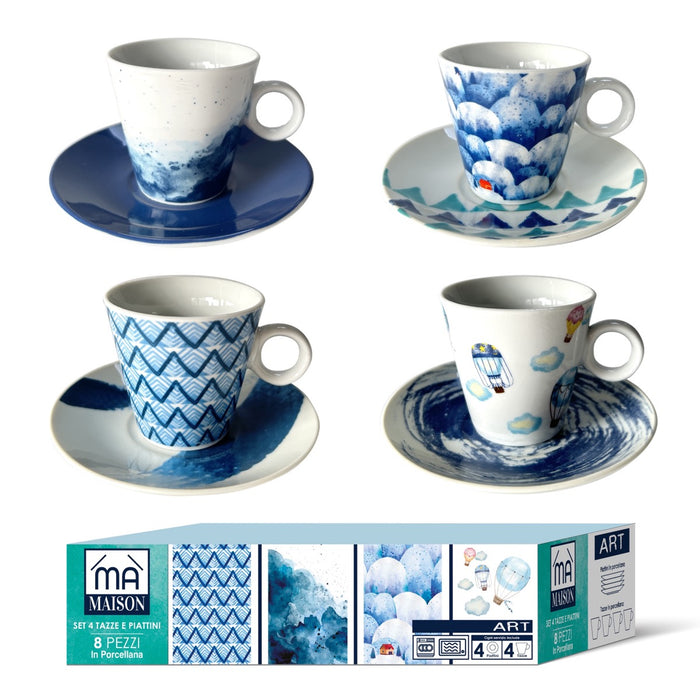 MAURY'S SET DI 4 TAZZE PER THE LINEA ART CON PIATTINO BIANCHE E BLU 80 CC