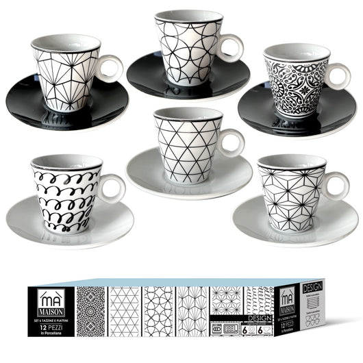MAURY'S SET 6 TAZZINE CAFFE' DESIGN MODERN CON PIATTINO COLORE NERO E BIANCO