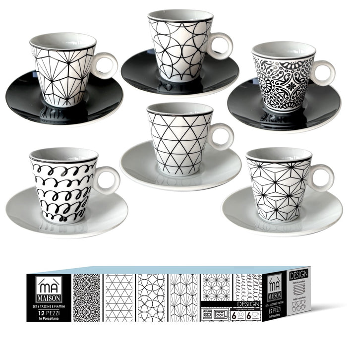 MAURY'S SET 6 TAZZINE CAFFE' DESIGN MODERN CON PIATTINO COLORE NERO E BIANCO
