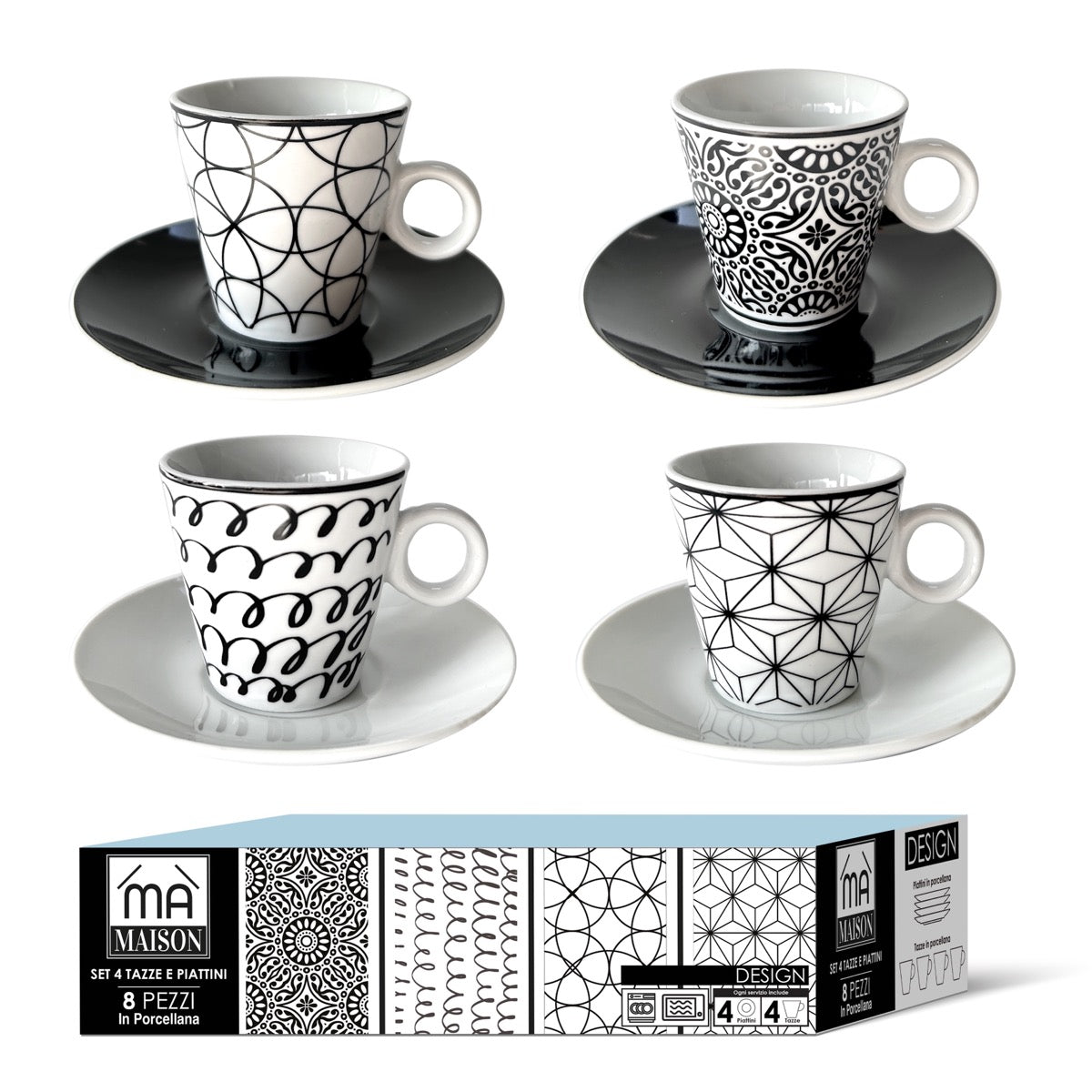 MAURY'S SET DA 4 TAZZE DA THE LINEA DESIGN IN PORCELLANA CON PIATTINO