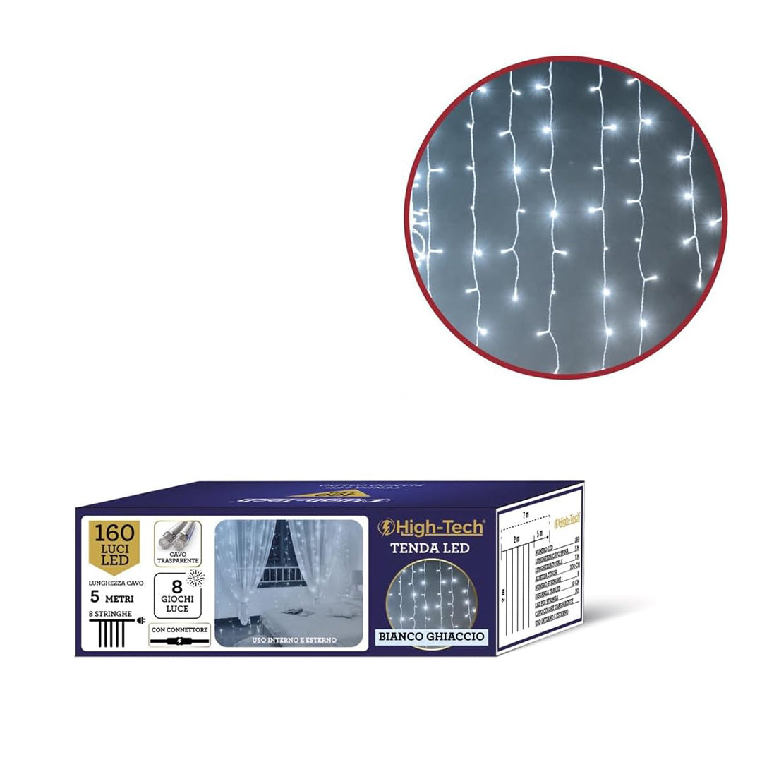 HIGH-TECH NATALE TENDA LUMINOSA DA 160 LED BIANCO GHIACCIO MT 2X2 - 8 GIOCHI DI LUCE CAVO TRASPARENTE DA 5 MT 8 STRINGHE