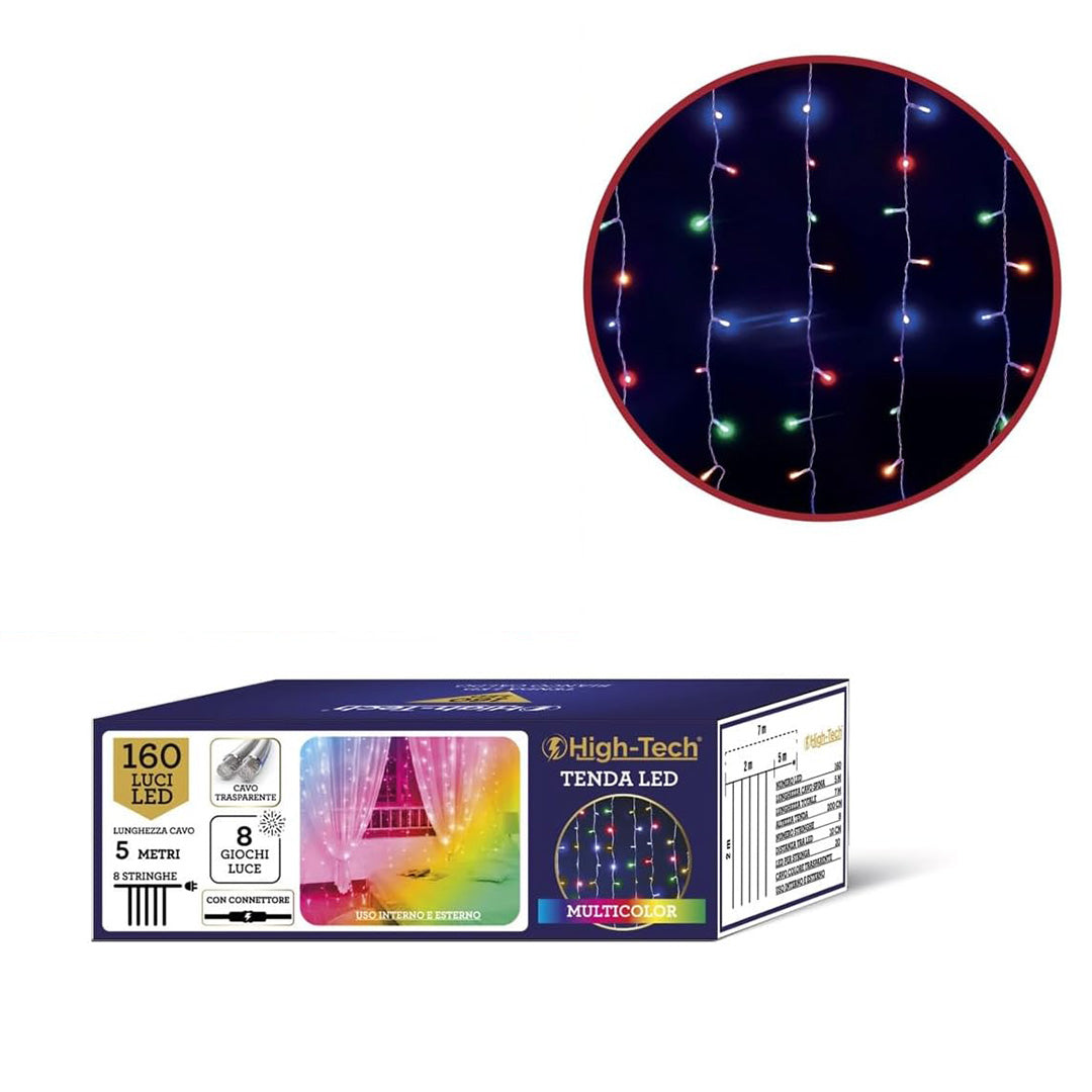 HIGH-TECH NATALE TENDA  LUMINOSA 160 LED MULTICOLOR MT 2X2 - 8 GIOCHI DI LUCE CAVO TRASPARENTE DA 5 MT 8 STRINGHE