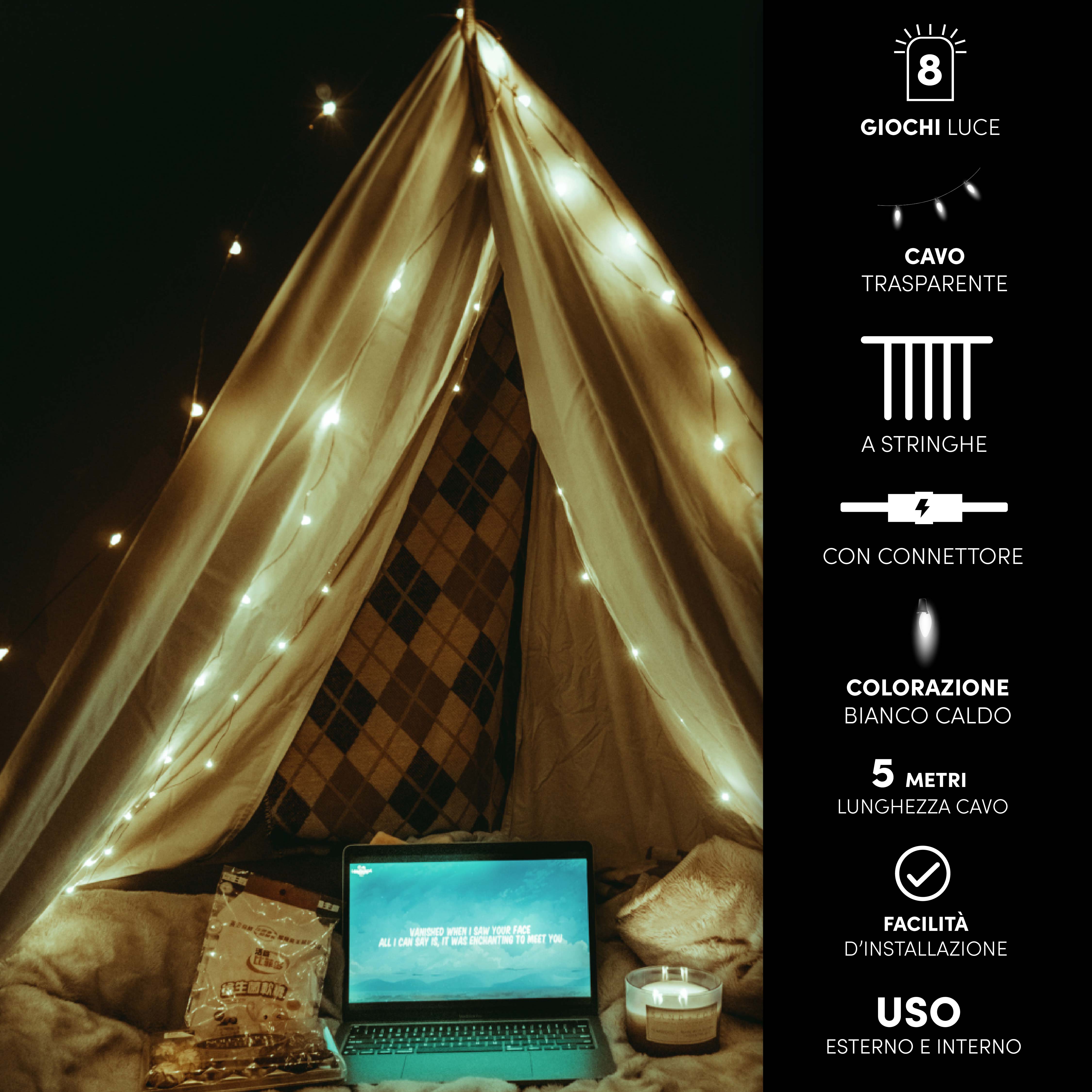HIGH-TECH NATALE TENDA  LUMINOSA 160 LED BIANCO CALDO MT 2X2 - 8 GIOCHI DI LUCE CAVO TRASPARENTE DA 5 MT 8 STRINGHE