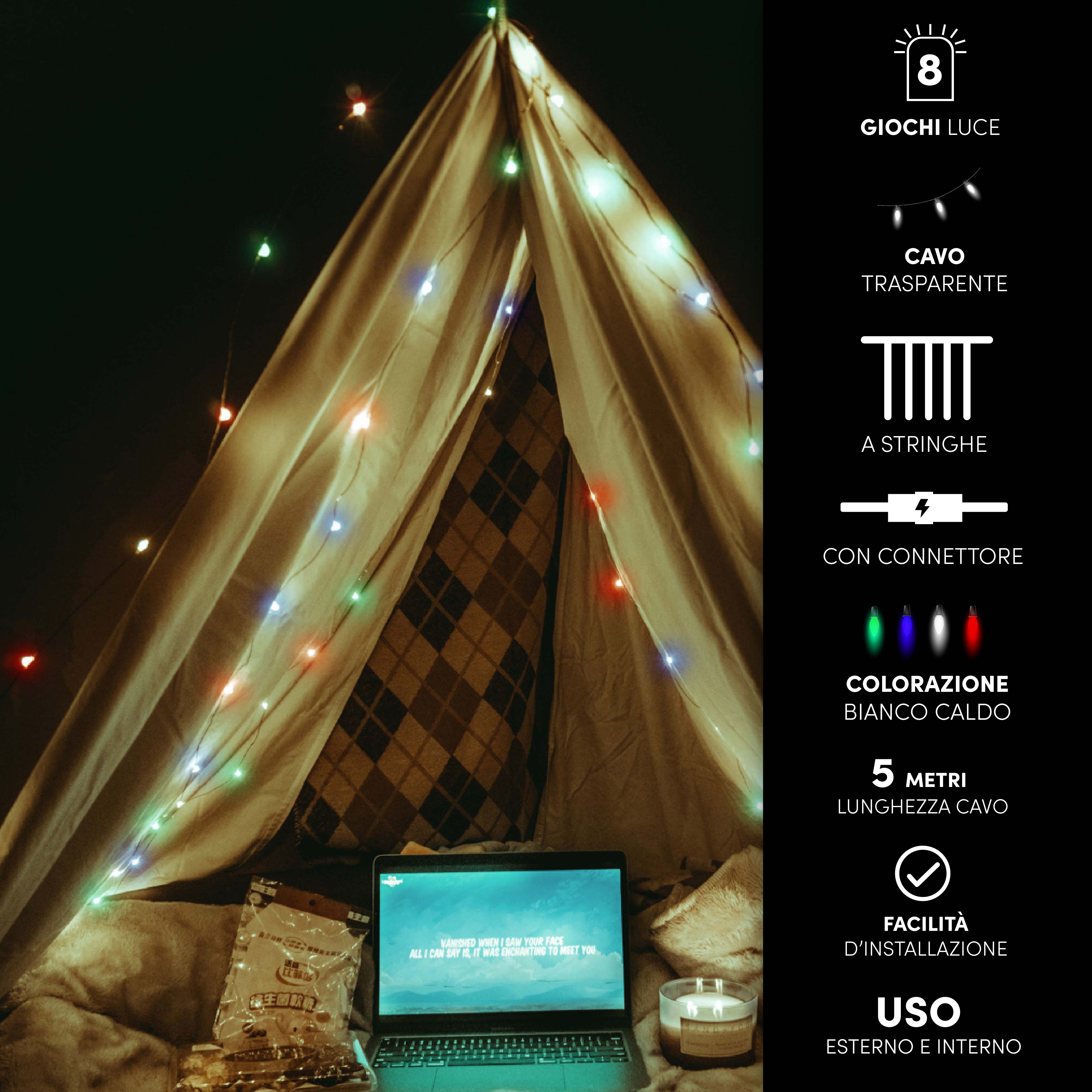 HIGH-TECH NATALE TENDA  LUMINOSA 160 LED MULTICOLOR MT 2X2 - 8 GIOCHI DI LUCE CAVO TRASPARENTE DA 5 MT 8 STRINGHE