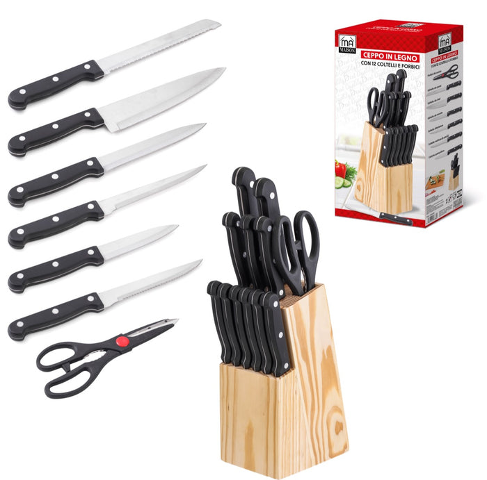 MA MAISON CEPPO IN LEGNO CON 11 COLTELLI + 1 FORBICE CON MANICI COLOR NERO