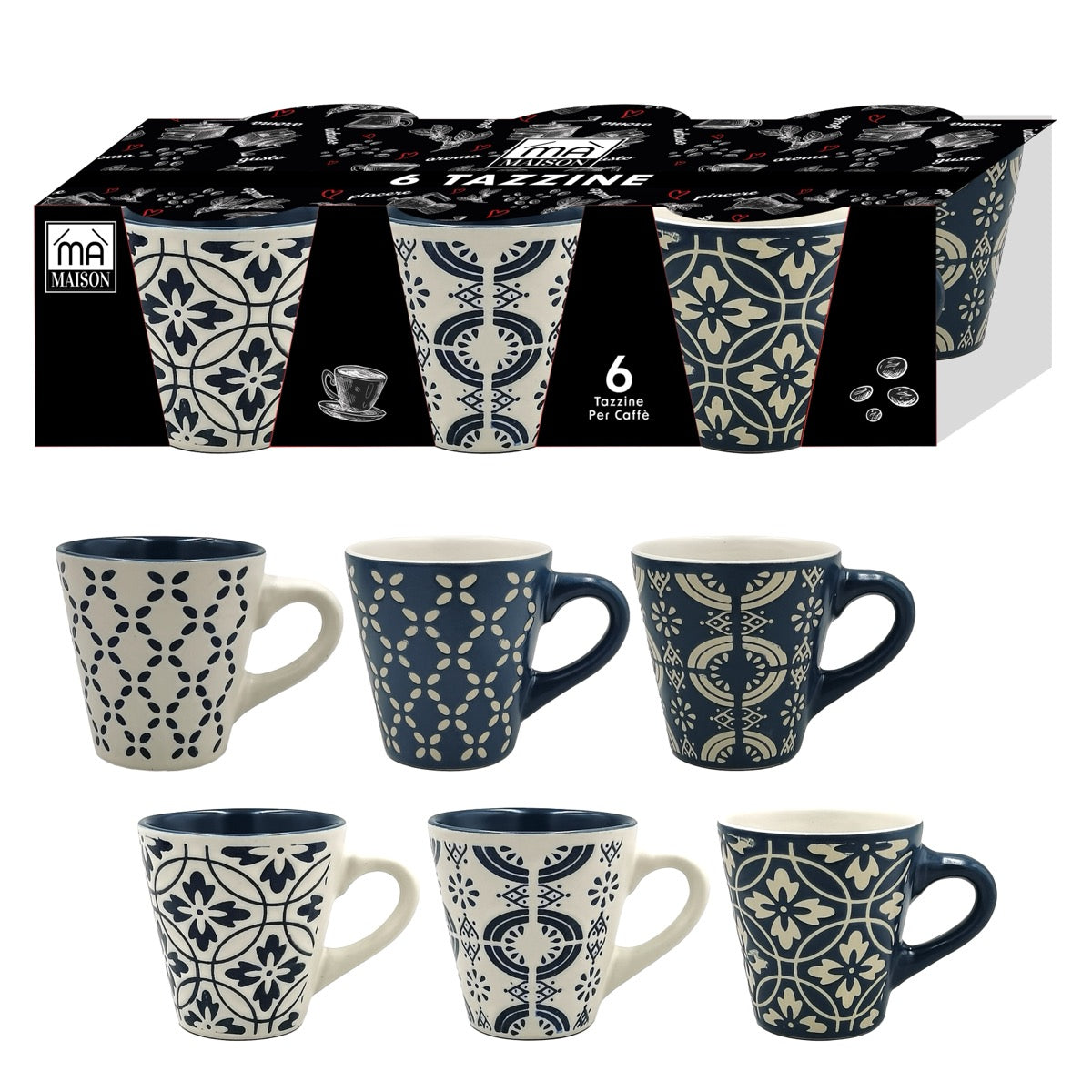 MA MAISON SET 6 TAZZINE ETNIC DA CAFFÈ FANTASIA POSITANO CON FIGURE GEOMETRICHE