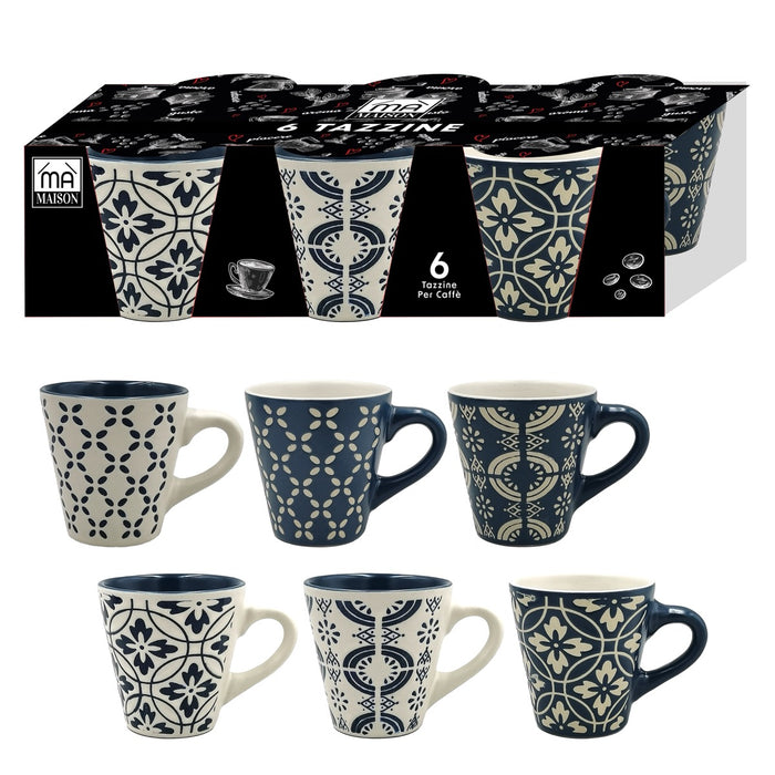 MA MAISON SET 6 TAZZINE ETNIC DA CAFFÈ FANTASIA POSITANO CON FIGURE GEOMETRICHE