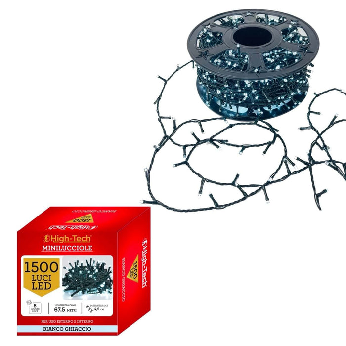 HIGH-TECH FILO LED 1500 MINILUCCIOLE BIANCO GHIACCIO CON BOB 67.5 MT USO INTERNO E ESTERNO
