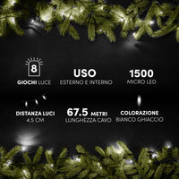 HIGH-TECH FILO LED 1500 MINILUCCIOLE BIANCO GHIACCIO CON BOB 67.5 MT USO INTERNO E ESTERNO