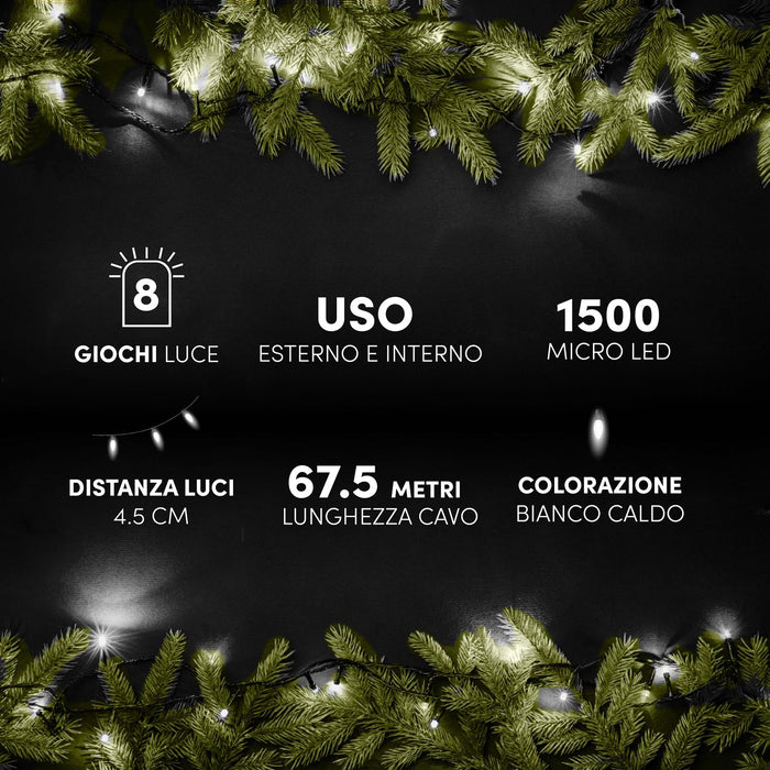 HIGH-TECH FILO LED 1500 MINILUCCIOLE BIANCO CALDO  CON BOB 67.5 MT USO INTERNO E ESTERNO