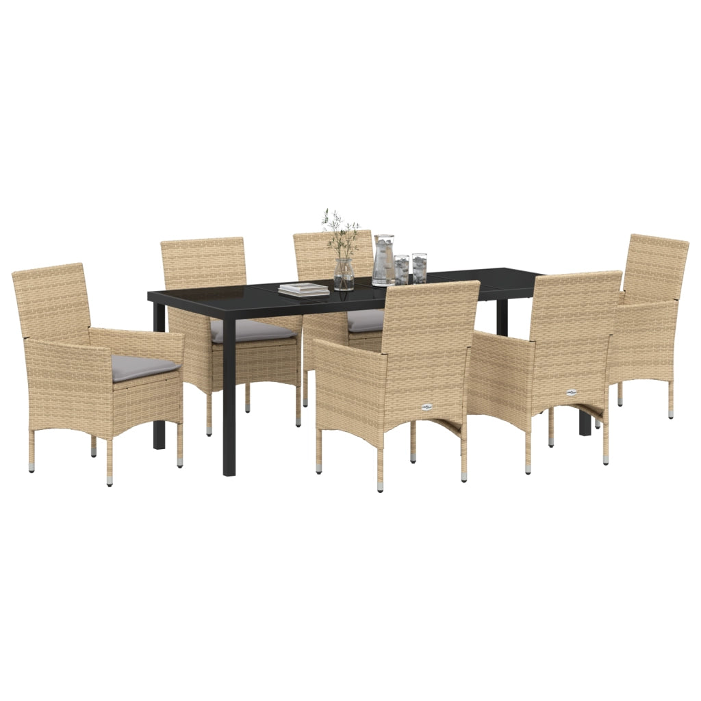 Set da Pranzo da Giardino da 7 Pezzi con Cuscini Beige Polyrattan