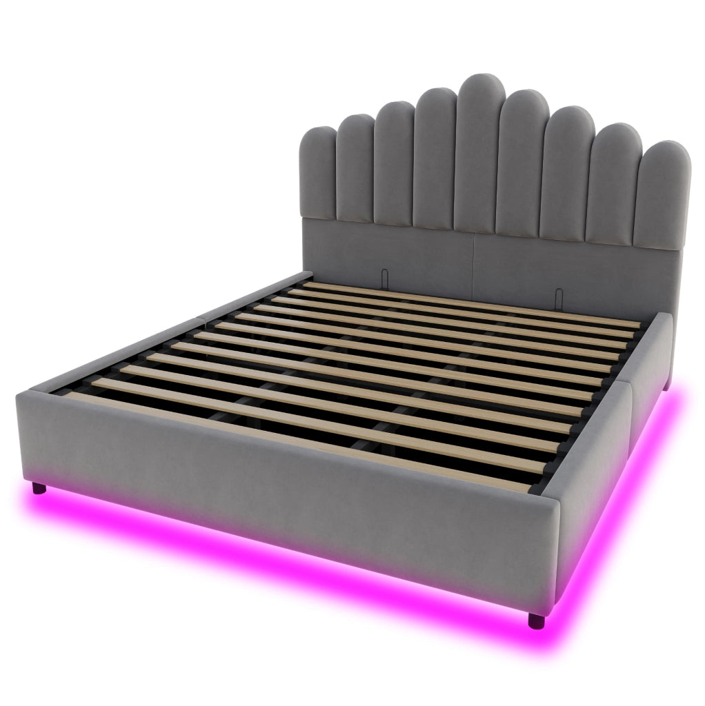 Letto imbottito 180x200 cm con contenitore idraulico e LED in velluto grigio