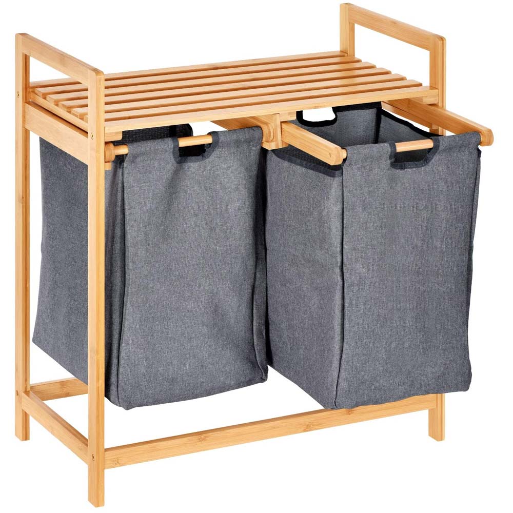 Cesto Porta Biancheria in Legno Bambù 2 Cesti in Tessuto con Mensola Superiore