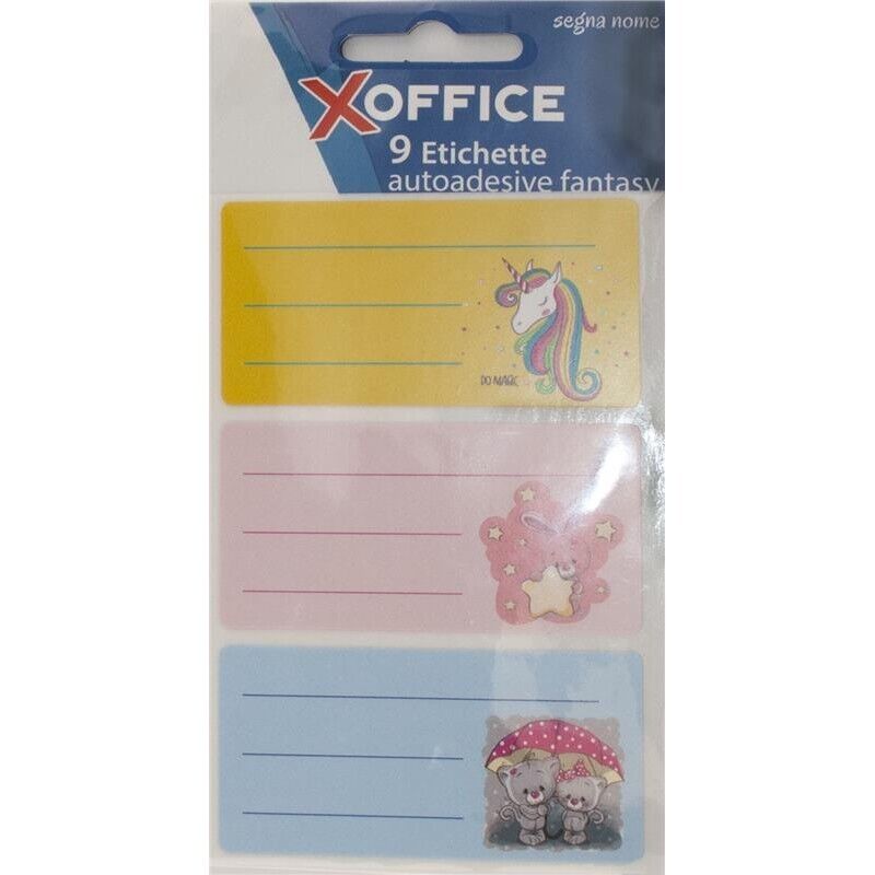 9 ETICHETTE SEGNA NOME MULTIUSO AUTOADESIVE FANTASY  73 X 37 MM COLORI ASSORTITI