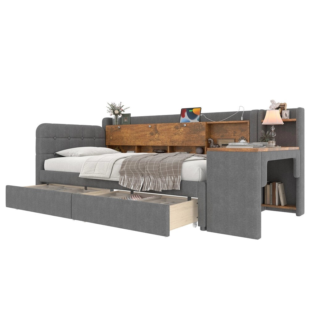 Letto Singolo Divano con 2 Cassetti e Scrivania ¨C MINIMAL ¨C Tessuto Grigio 90x200