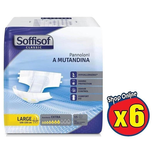 6 SOFFISOF PANNOLONI A MUTANDINA ASSORBENZA 7 EXTRA MISURA LARGE DA 15 PZ