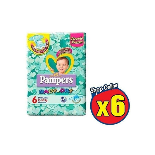 KIT DA 6 PAMPERS PANNOLINI BABY DRY 6 EXTRA LARGE 15-30KG DA 14 PZ