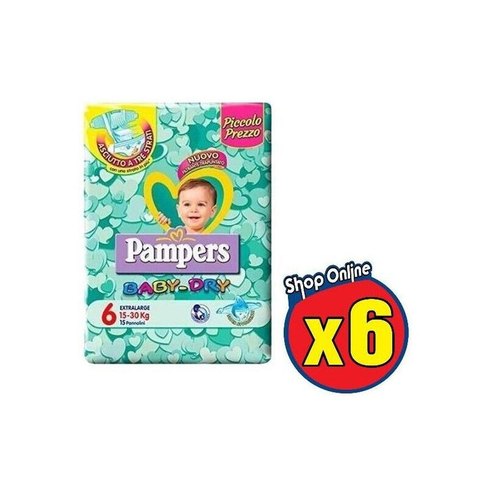 KIT DA 6 PAMPERS PANNOLINI BABY DRY 6 EXTRA LARGE 15-30KG DA 14 PZ